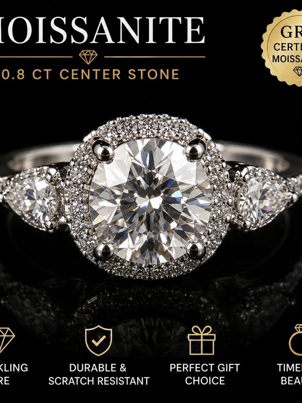 Moissanite Halo Engagement Ring in Silver - Elegant Sparkle